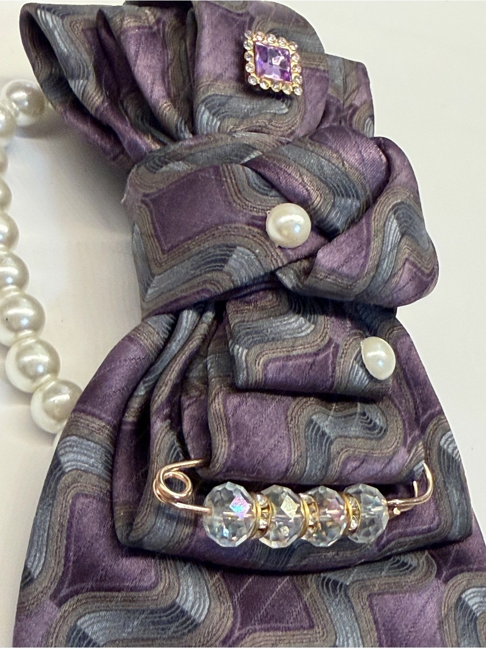 Purple Patterned Silk Tie Necklace with Crystal & Pearl Accents